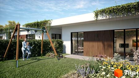 QSide – житловий комплекс з просторим двориком, де діти граються на гойдалці, а дорослі відпочивають серед зелені та квітів.