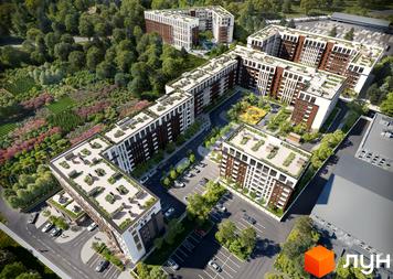 Зовнішній вигляд житлового комплексу Smart City з багатоповерховими будинками та доглянутою прибудинковою територією з зеленню та зонами відпочинку.