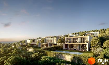 Lion Hills Villas - сучасний житловий комплекс на схилі пагорба з басейном та зеленими терасами. Будинки з панорамними вікнами та терасами, оточені деревами та кущами.