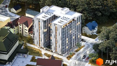 Апарт-комплекс Smart Hill з біло-сірим фасадом та великою кількістю вікон, розташований серед дерев. На прибудинковій території є дороги, пішохідні доріжки та зелені насадження.