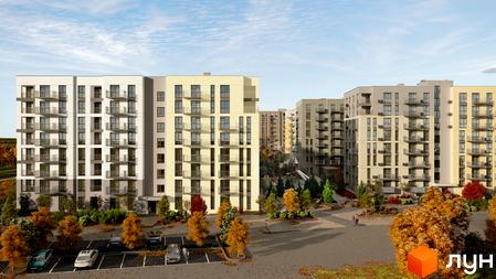 Житловий комплекс Садова Алея: фасади будинків з балконами та прибудинкова територія з деревами восени.