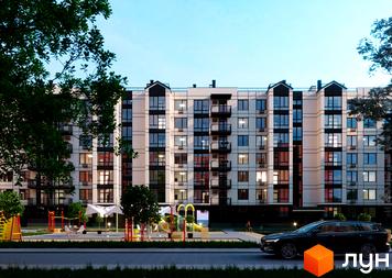 Новобудова ЖК Європейські Липки з фасадом з білих панелей та чорними вікнами. Територія комплексу облаштована дитячим майданчиком та місцями для відпочинку.