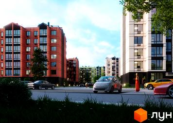 Житловий комплекс Європейські Липки - це сучасна новобудова з цегляними фасадами та великими вікнами, розташована біля доглянутої прибудинкової території з автомобілями та зеленими насадженнями.