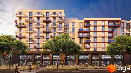 Висотна будівля ЖК INFINITY PARK з балконами та великими вікнами. На передньому плані зелені дерева та пішохідний перехід.