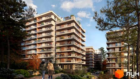 Житловий комплекс MARVEL Hill – це багатоповерхові будинки з балконами та скляними огорожами, оточені зеленою прибудинковою територією з деревами та доріжками.