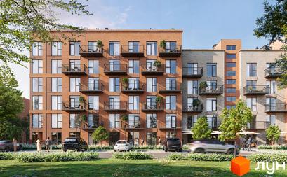 Зображення фасаду та прибудинкової території Житлового комплексу Prostir. На передньому плані зелений газон та автомобілі.