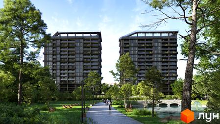 Зображення двох багатоповерхівок у Житловому комплексі PARK AVENUE premium. Навколо зелена територія з парком, озером та алеями.