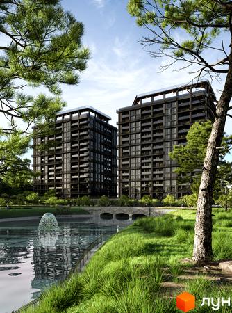 Зображення двох багатоповерхівок Житлового комплексу PARK AVENUE premium з великими вікнами та балконами, розташованих біля озера з фонтаном.