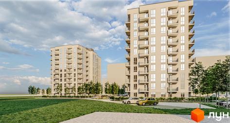 Житловий комплекс Family Comfort: два багатоповерхові будинки світлого кольору з балконами, оточені зеленими газонами та деревами, з парковкою.