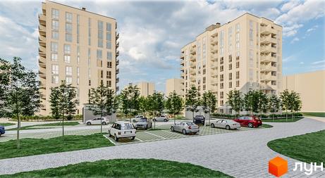 Зовнішній вигляд житлового комплексу Family Comfort з парковкою та зеленими насадженнями. Сучасна архітектура та доглянута прибудинкова територія.