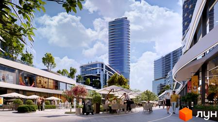 The Light - житловий комплекс з високими скляними будівлями та затишною прибудинковою територією з кафе та зеленими зонами. Сучасна архітектура та комфортне міське середовище.