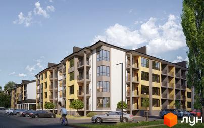 Зображення фасаду та прибудинкової території Житлового комплексу Світло. Багатоповерховий будинок з балконами та парковкою.