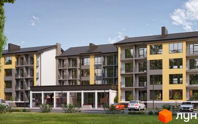 Житловий комплекс Світло: багатоповерхова будівля з жовто-сірим фасадом та балконами. Перед будинком є парковка та зелені насадження.