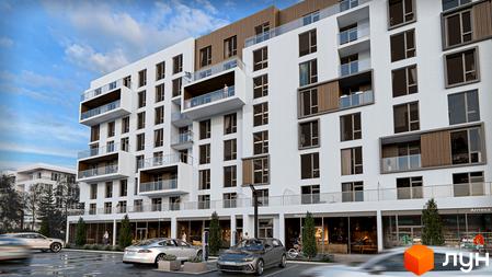 Зовнішній вигляд житлового комплексу CONTINENT MODERN з білими фасадами, скляними балконами та дерев'яними елементами. На прибудинковій території розташовані паркувальні місця та зелені насадження.