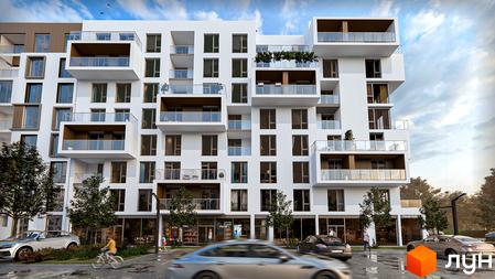 Фасад новобудови ЖК CONTINENT MODERN з балконами та панорамними вікнами, прибудинкова територія з деревами та міським життям.