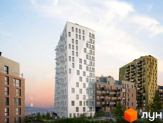 Житловий комплекс Viking Hills - це сучасна житлова забудова з білою та жовтою фасадною обробкою, балконами та прибудинковою територією з деревами.