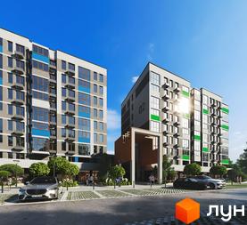 Високоповерхова будівля ЖК Литовський квартал з великими вікнами та балконами. На прибудинковій території є парковка та зелені насадження.