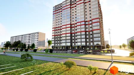 Житловий комплекс Перлина Дніпра - це висотна будівля з сірими та червоними фасадами, що розташована біля зеленої зони з доріжками та деревами.