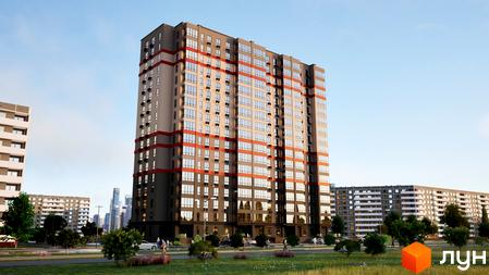 Зовнішній вигляд житлового комплексу Перлина Дніпра з сірими фасадами та червоними смугами, що доповнюється зеленим ландшафтом та іншими будівлями.