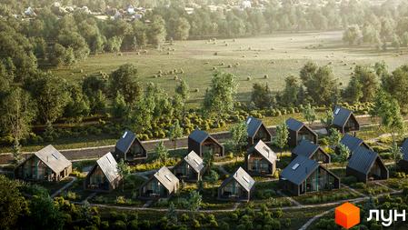 Котеджний комплекс Lehit - wellness village. Дерев'яні будинки з панорамними вікнами на тлі зеленої території з деревами та газонами.