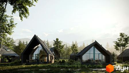 Котеджне містечко КМ Lehit - wellness village з сучасними будинками в оточенні лісу та гір. Територія комплексу вкрита зеленою травою та деревами.