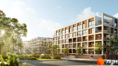 Житловий комплекс SOUL PARK: світлі будинки з великими вікнами та балконами, зелені насадження навколо, пішохідна зона та дорога.