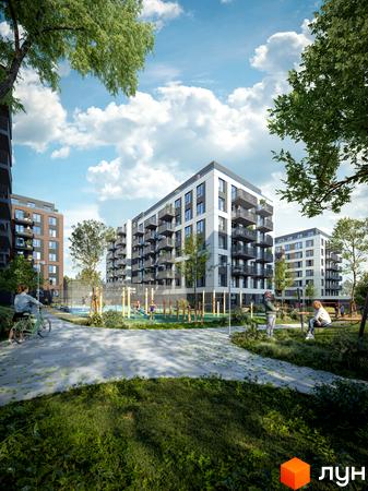 Житловий комплекс Wings з сучасними будинками та зеленими зонами для відпочинку. Простора прибудинкова територія з дитячим майданчиком та зонами для спорту.