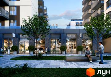 Житловий комплекс Wings: фасади будинків з балконами та прибудинкова територія з кав'ярнею та місцями для відпочинку.