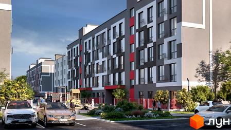 Зовнішній вигляд житлового комплексу Рідний-3 з сірими та білими фасадами, червоними вставками та балконами. Прибудинкова територія з паркуванням, дитячим майданчиком та зеленими насадженнями.