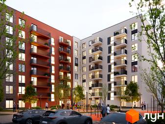 Житловий комплекс Київський. Багатоповерховий будинок з балконами та сучасним дизайном. На території є парковка та дитячий майданчик.