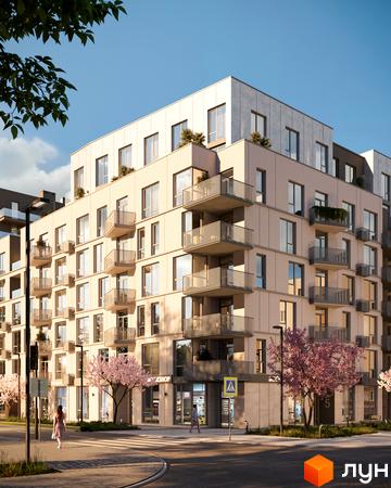 Зовнішній вигляд будинку житлового комплексу ЛЮМ з балконами та вікнами, поруч дерева та пішохідний перехід.