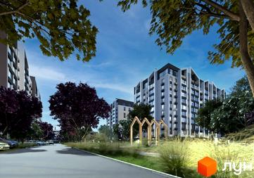 Житловий комплекс Edem Перлина Проскурова-4. Фасад новобудови з балконами та панорамними вікнами, зелена прибудинкова територія з деревами та дитячим майданчиком.