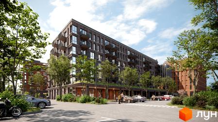 Житловий комплекс AVANT PARK з цегляним фасадом, балконами та парковкою біля будинку. Навколо комплексу зелені дерева та кущі.