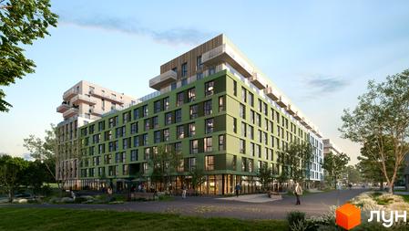 Зовнішній вигляд житлового комплексу Resident State з зеленими фасадами та балконами, прибудинкова територія з деревами та зонами відпочинку.