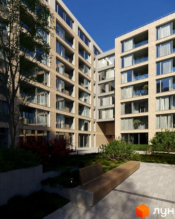 Житловий комплекс MECENAT: фасади з цегли та великі вікна, внутрішній двір з лаконічними лавками та зеленню.