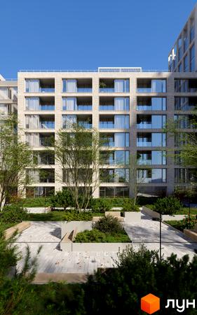 Житловий комплекс MECENAT з цегляним фасадом та скляними балконами, оточений зеленою прибудинковою територією з лавками.