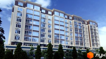 Зовнішній вигляд житлового комплексу Millennium Park з великою кількістю вікон та кондиціонерів, оточений деревами.