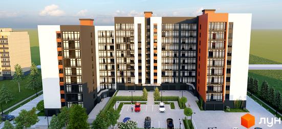 Житловий комплекс Бонвіль: фасади будівель з панорамними вікнами та оранжевими елементами, прибудинкова територія з парковкою та зеленими насадженнями.