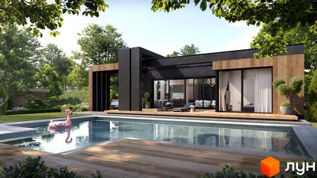 Котеджне містечко КМ Equides Villas з басейном та зоною відпочинку. Сучасний будинок з дерев'яними елементами та великими вікнами.