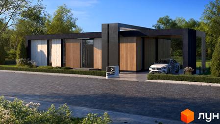 Котеджне містечко Equides Villas: одноповерховий будинок з дерев'яними та бетонними елементами фасаду, навісом для автомобіля та доглянутою прибудинковою територією.