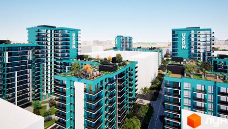 Житловий комплекс URBN з бірюзовими багатоповерховими будинками та балконами. На дахах та прибудинковій території багато зелені та дерев.