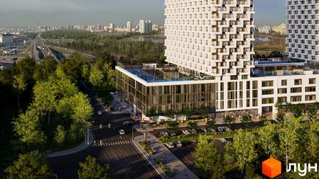 Зображення фасаду та прибудинкової території BOSTON Creative House. На передньому плані дорога з пішохідним переходом та зелені насадження.