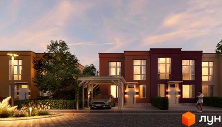 Ряд будинків Житловий парк Cuvee Village з різнокольоровими фасадами, великими вікнами та вхідними дверима, доповнений освітленою прибудинковою територією.