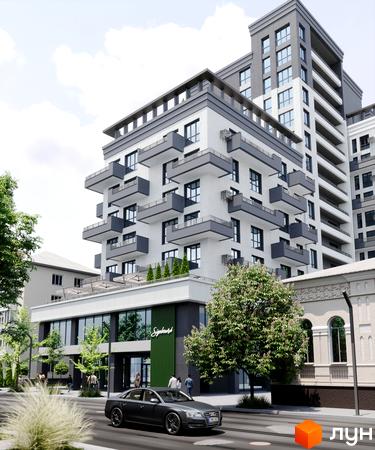 Житловий комплекс Бульвар з білим фасадом та сірими балконами. На передньому плані вулиця з автомобілем, зелені дерева та пішохідна зона.