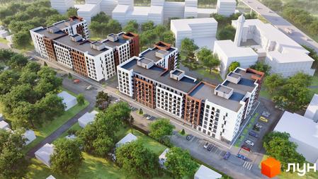 Житловий комплекс Central City Mukachevo складається з кількох багатоповерхових будинків з білими та цегляними фасадами. Навколо будівель багато дерев, зелених зон та паркувальних місць.