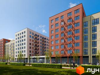 Зовнішній вигляд новобудови ЖК City House з фасадами різних кольорів та прибудинковою територією із зеленими насадженнями та доріжками.