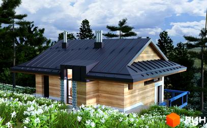 Котеджне містечко КМ GORA: дерев'яний будинок з темним дахом та блакитними елементами оточений зеленню та квітами.