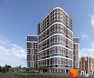 Житловий комплекс Кришталеві джерела. Сучасні багатоповерхові будинки з панорамними вікнами та балконами. Прибудинкова територія з дорогою та автомобілями.