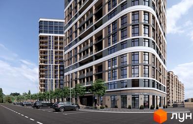 Житловий комплекс Кришталеві джерела: фасади будівель з панорамним склінням та балконами, парковка з автомобілями та зелені насадження.