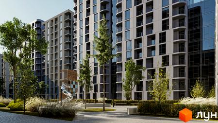 Вигляд фасаду та прибудинкової території Житлового комплексу PORTO FRANKO. Багатоповерховий будинок з великими вікнами та балконами.